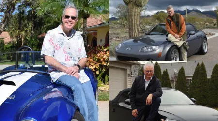 Three men pose with their sports cars. 